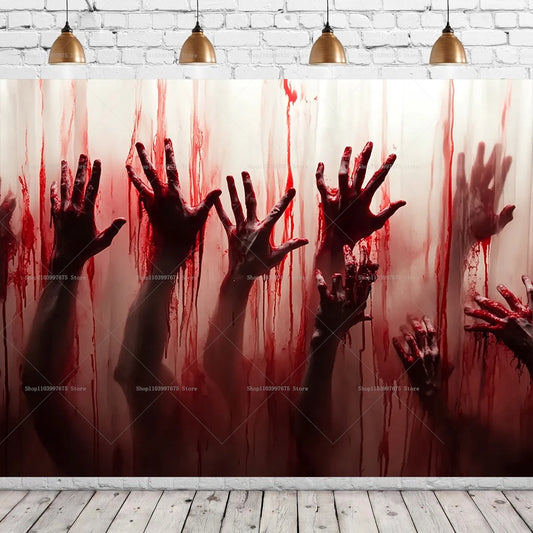 Halloween Party Decorations Backdrop Horror Zombie Mist Blood Handprint Photography Background Home Wall Decor Banner Props
