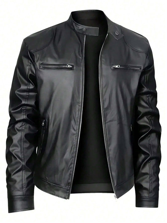 Men's Stand-up Collar Faux Leather Jacket-Business Casual Outerwear