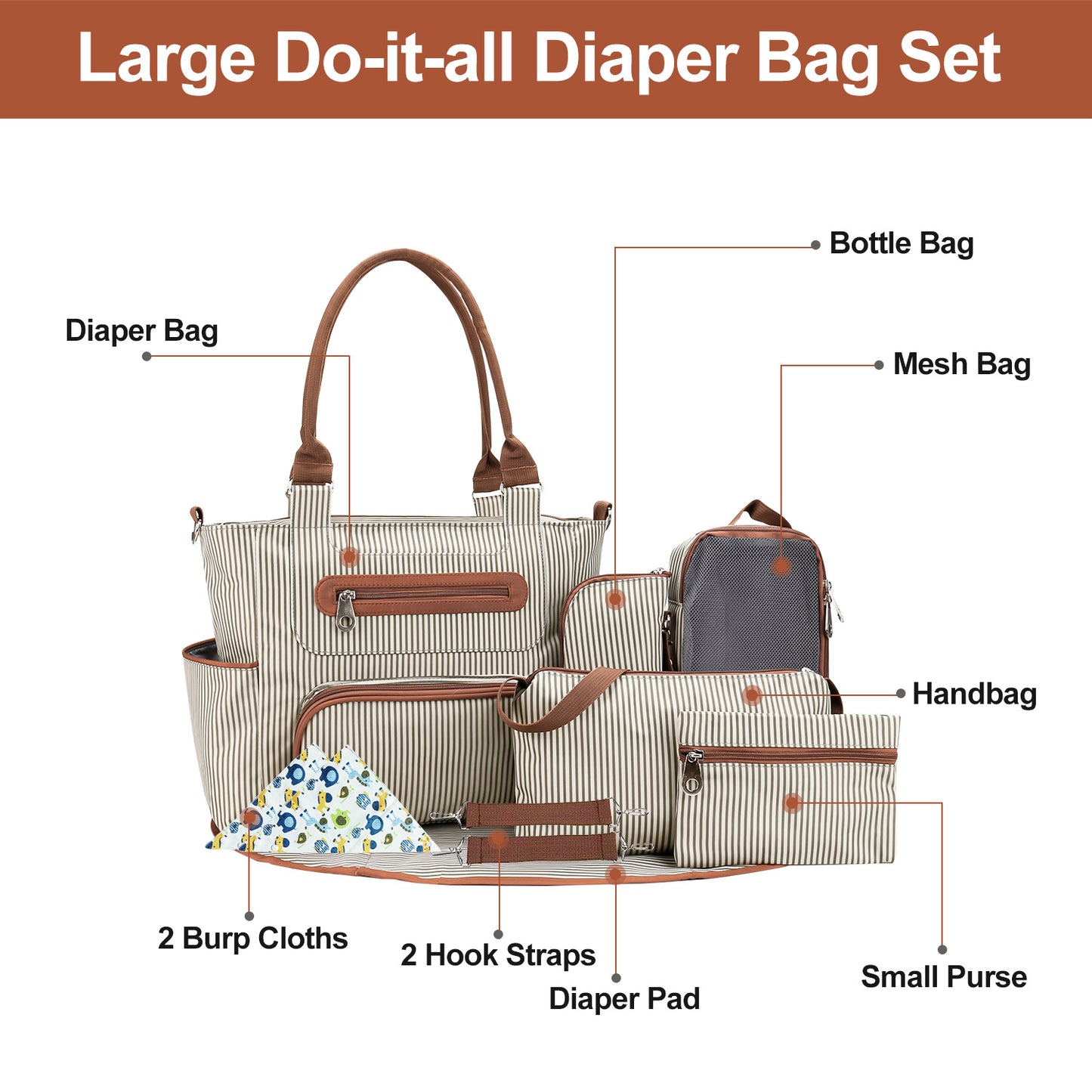 8PCS Baby Diaper Bag Set - Multifunctional
Mommy & Daddy Nappy Bags with Accessories