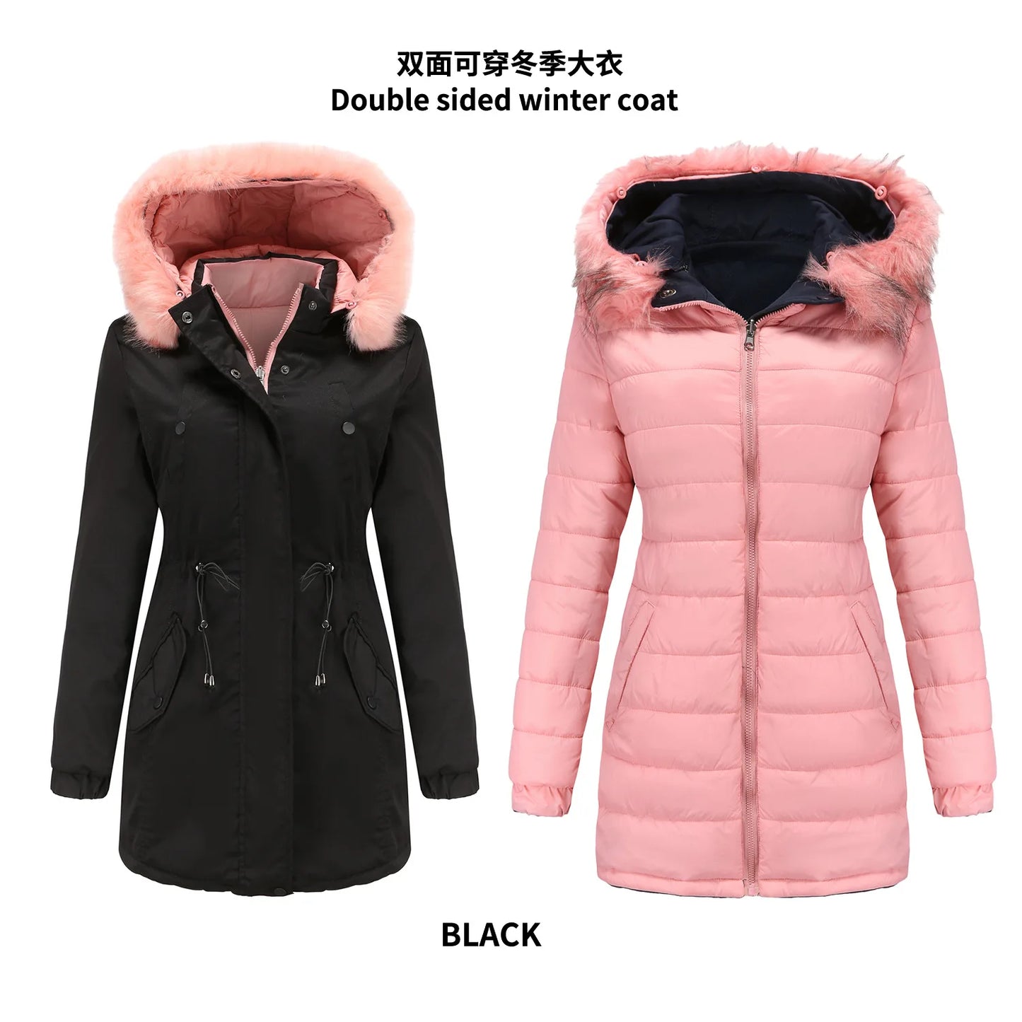 Women's Winter Parka Coat - Warm Cotton Jacket with Fur Collar & Hood