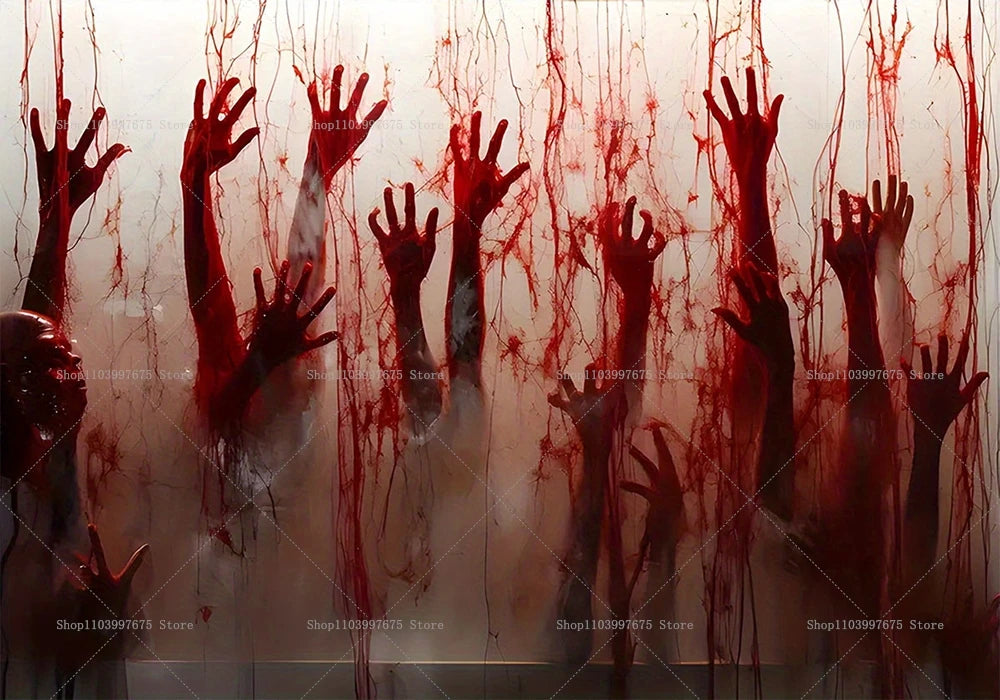 Halloween Party Decorations Backdrop Horror Zombie Mist Blood Handprint Photography Background Home Wall Decor Banner Props