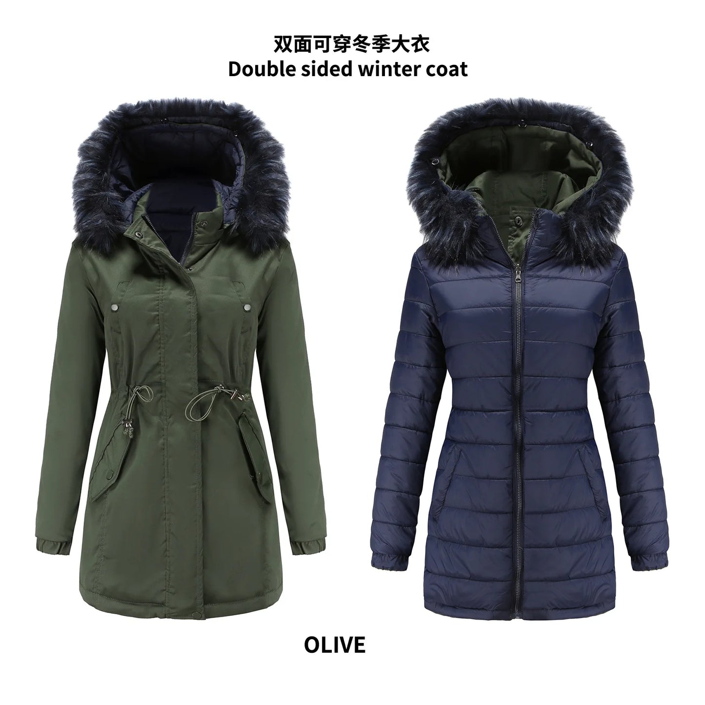 Women's Winter Parka Coat - Warm Cotton Jacket with Fur Collar & Hood