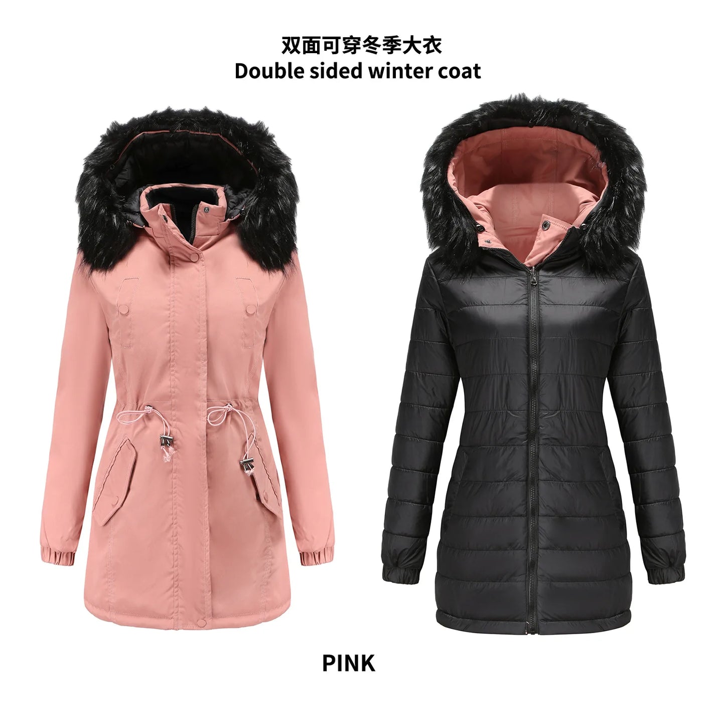 Women's Winter Parka Coat - Warm Cotton Jacket with Fur Collar & Hood