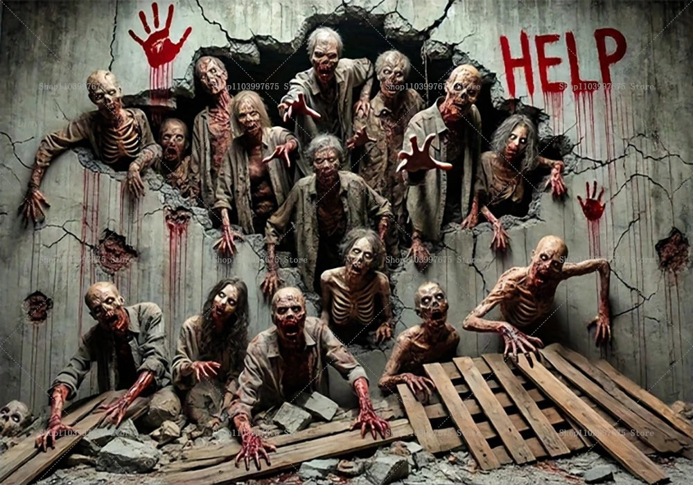 Halloween Party Decorations Backdrop Horror Zombie Mist Blood Handprint Photography Background Home Wall Decor Banner Props