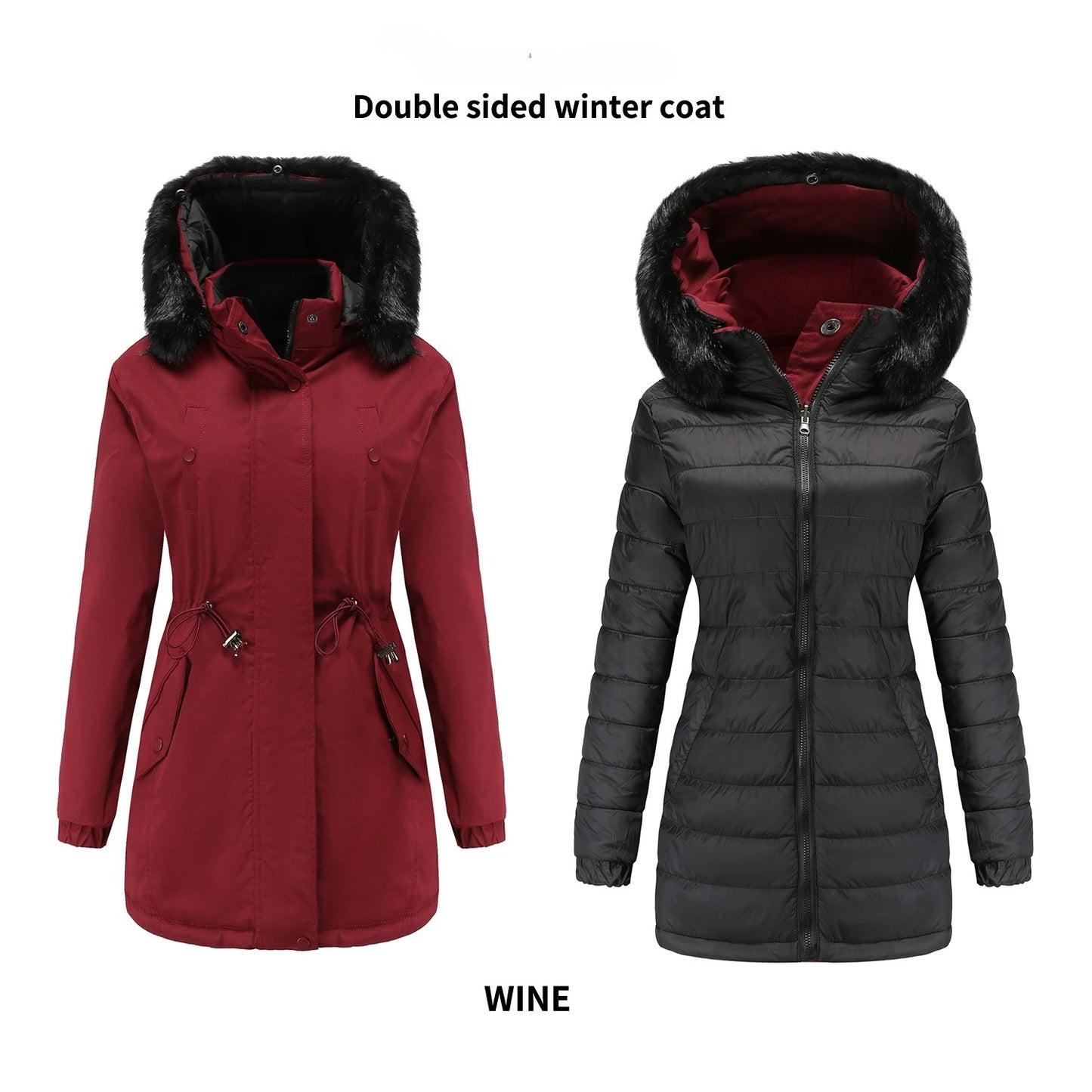 Women's Winter Parka Coat - Warm Cotton Jacket with Fur Collar & Hood