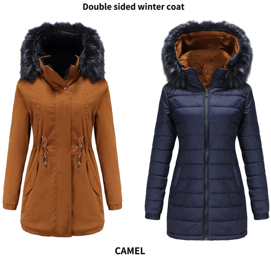 Women's Winter Parka Coat - Warm Cotton Jacket with Fur Collar & Hood