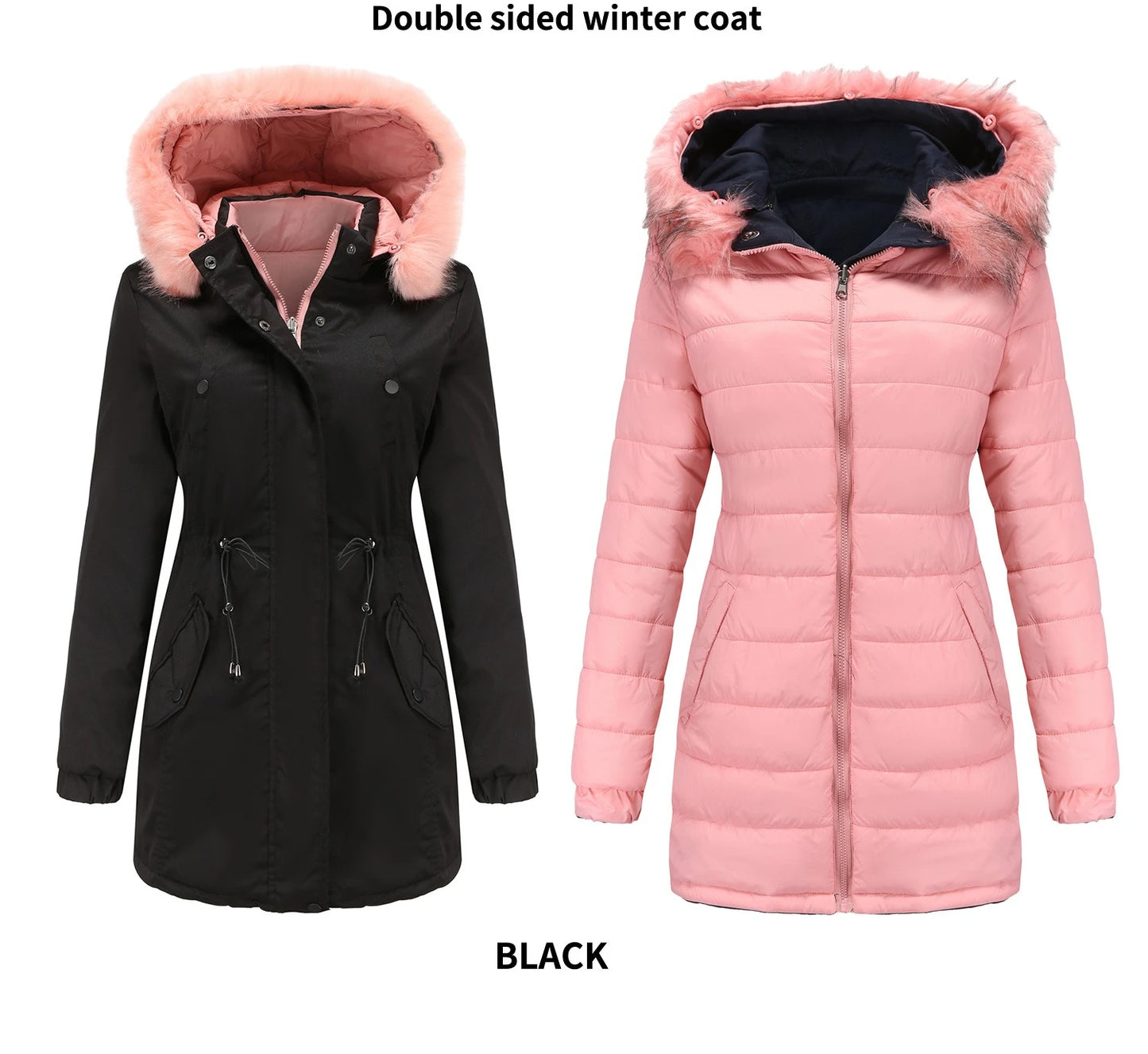 Women's Winter Parka Coat - Warm Cotton Jacket with Fur Collar & Hood