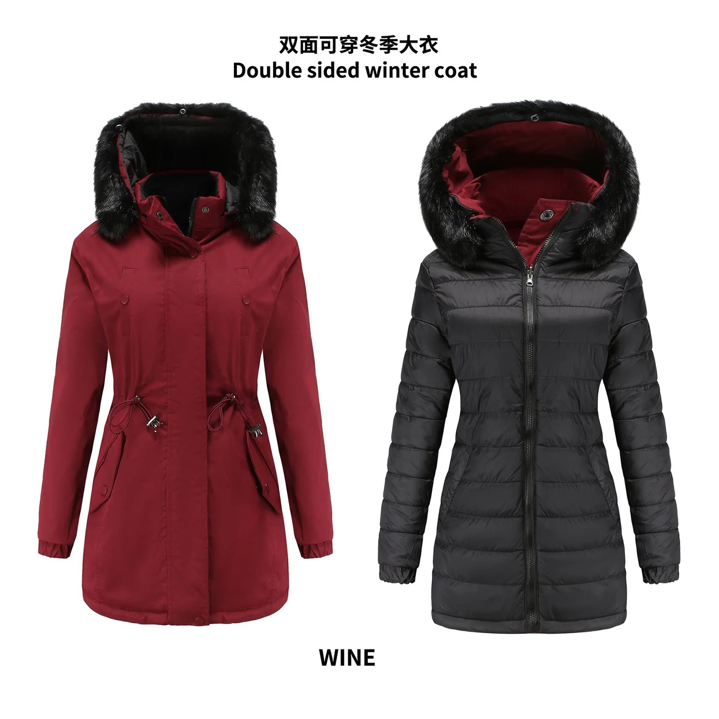 Women's Winter Parka Coat - Warm Cotton Jacket with Fur Collar & Hood