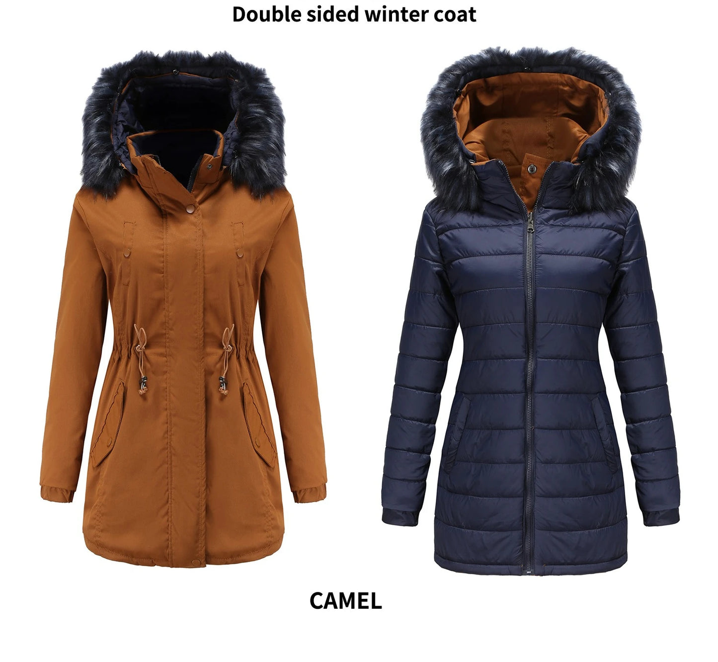 Women's Winter Parka Coat - Warm Cotton Jacket with Fur Collar & Hood