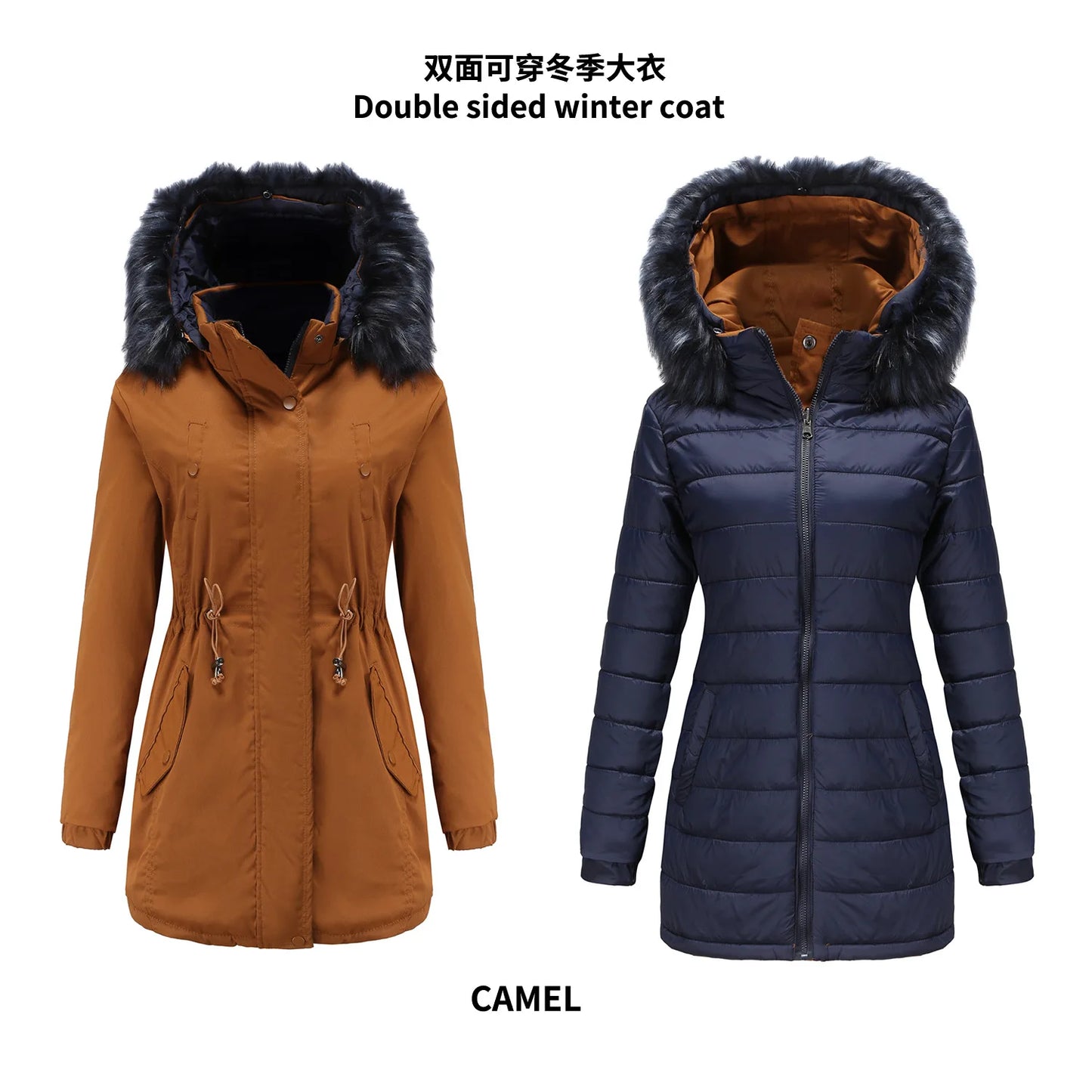 Women's Winter Parka Coat - Warm Cotton Jacket with Fur Collar & Hood