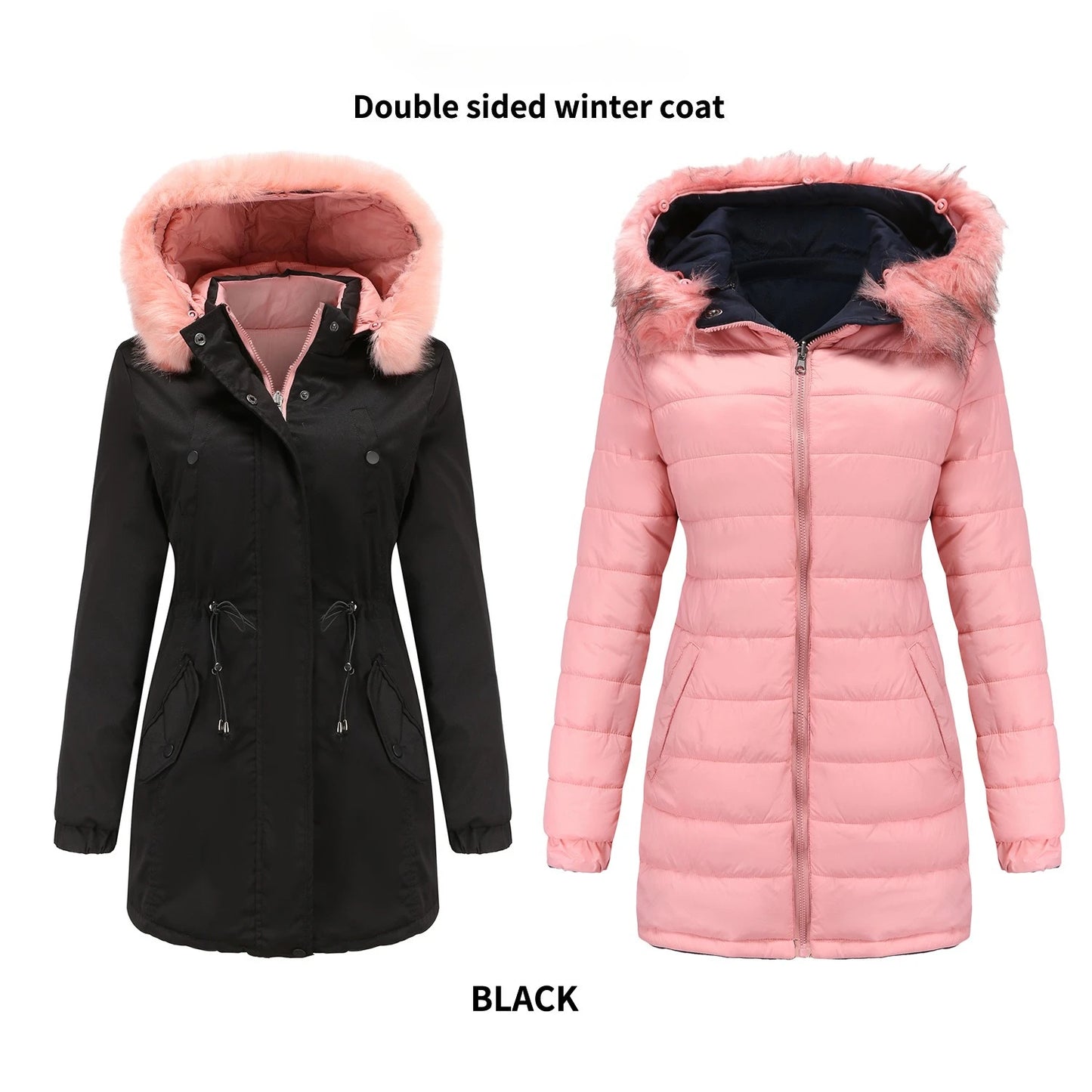 Women's Winter Parka Coat - Warm Cotton Jacket with Fur Collar & Hood