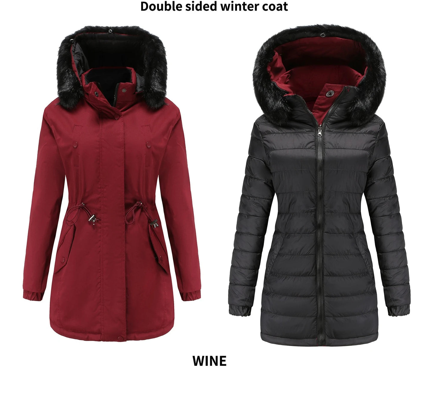 Women's Winter Parka Coat - Warm Cotton Jacket with Fur Collar & Hood