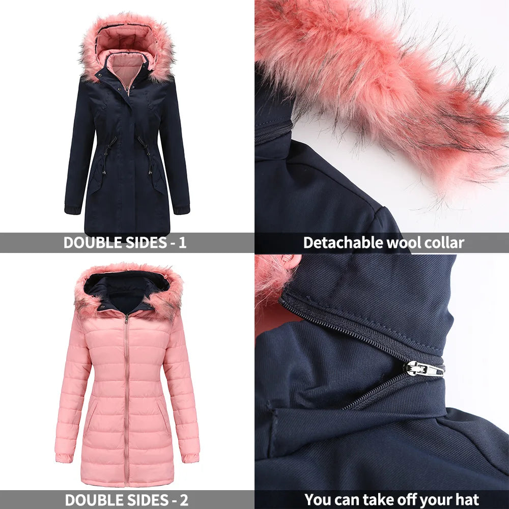 Women's Winter Parka Coat - Warm Cotton Jacket with Fur Collar & Hood
