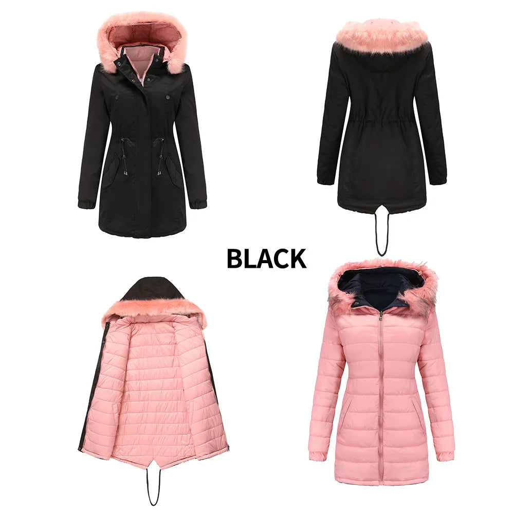 Women's Winter Parka Coat - Warm Cotton Jacket with Fur Collar & Hood