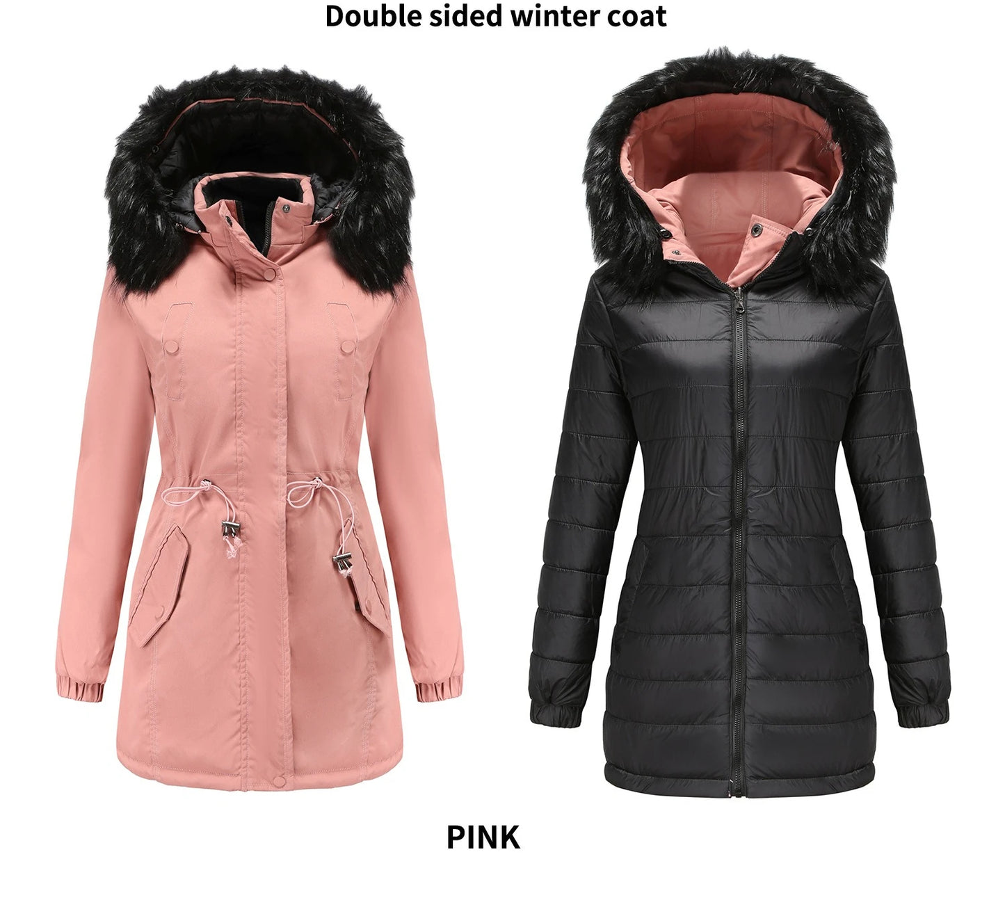 Women's Winter Parka Coat - Warm Cotton Jacket with Fur Collar & Hood